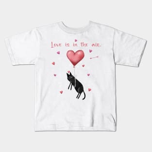 Happy valentines black cat. Cute cat and red hearts. Kids T-Shirt